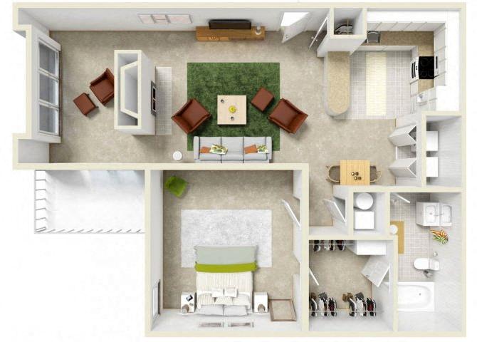 Floor plan for 1 bed, 1 bath, 842 sqft